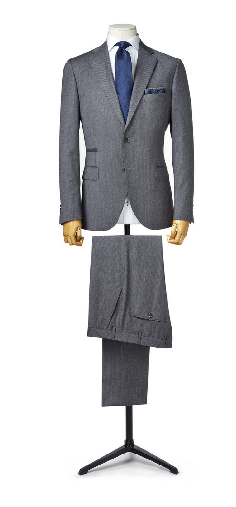 costume sur mesure gris avec poche ticket